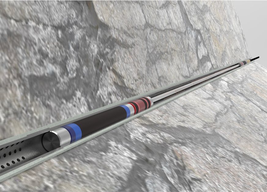 Rendering of the NaturaFrac downhole tool string lying in a bore through grey rock.